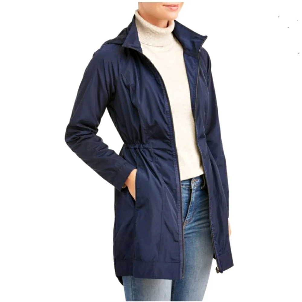CHICO'S Womens Tunic Length Windbreaker Jacket Water Resistant Hoodie Size 12-14
